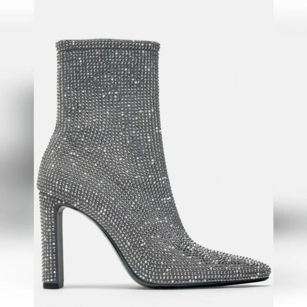 ZARA RHINESTONE HEELED ANKLE BOOTS - Picture 1 of 14
